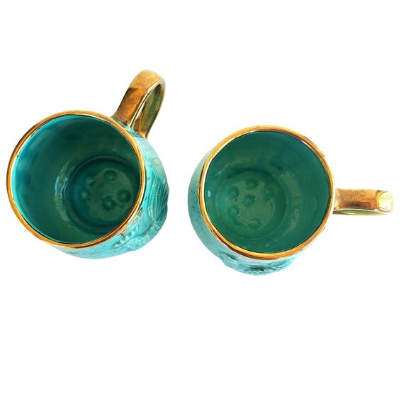 Kitsch Mugs 60s Vintage Ceramic Mom & Pop Rooster Hen Cups Turquoise Gold 24 oz - Picture 9 of 11